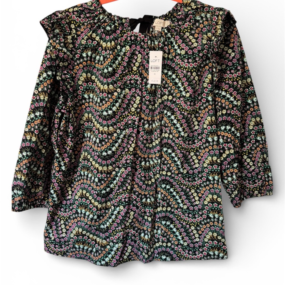 NWT LOFT Black Floral Cotton Blouse Ruffle Shoulders Tie Back Size Medium